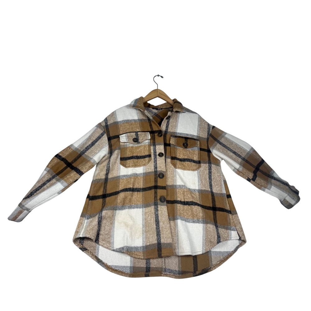 Fashion Nova Brown Cream Plaid Button Up Shacket Jacket Small